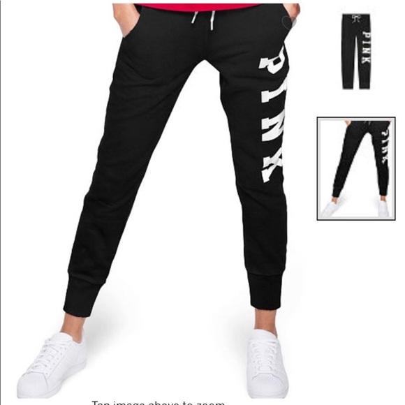 VS PINK SKINNY JOGGERS SUPER RARE PURE BLACK SZ LG - Picture 1 of 6